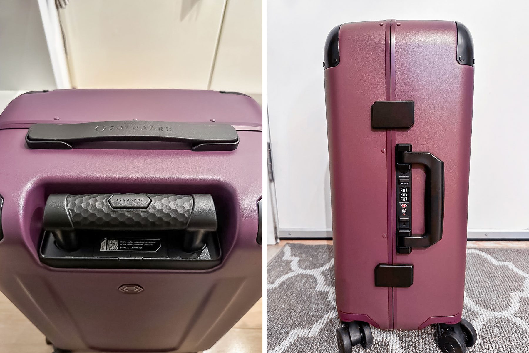 Purple suitcase with textured black handle, showing a built-in lock mechanism. Background includes a light wall and patterned carpet. Text: "SOLGAARD."