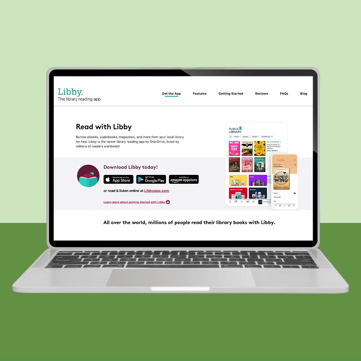 A laptop displays a webpage promoting the Libby app for borrowing library books, showing app icons and a selection of book covers, against a green background.