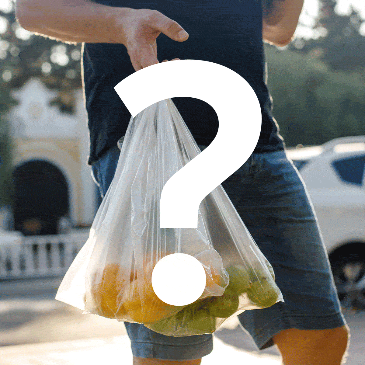 A person carries a plastic bag filled with fruits. A large white question mark overlays the image, outdoors with blurred trees and a building.