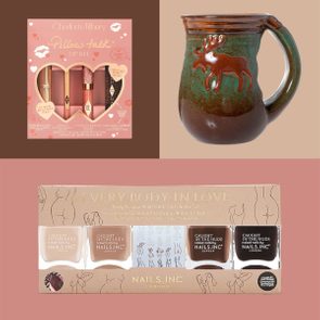 Lip kit and nail polish set are on a split-toned background; a ceramic mug with a raised moose design is also present.