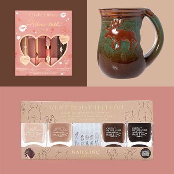 Lip kit and nail polish set are on a split-toned background; a ceramic mug with a raised moose design is also present.