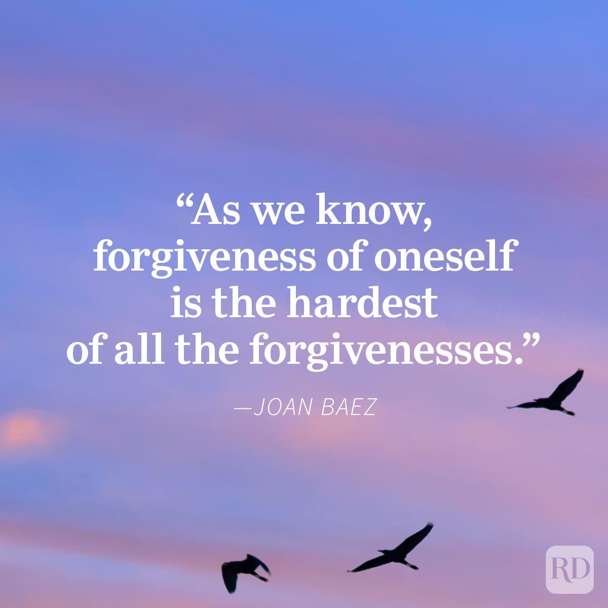 Quotes about forgiving yourself on a peaceful sunset background with birds flying