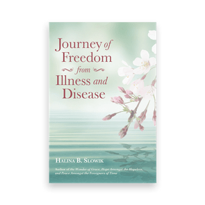 Book cover shows cherry blossoms over water, titled 