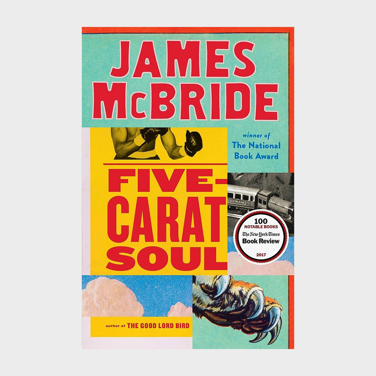 Book cover displays bold text "FIVE-CARAT SOUL" with boxing image; colorful, mixed elements. Author: James McBride, National Book Award winner. New York Times notable.