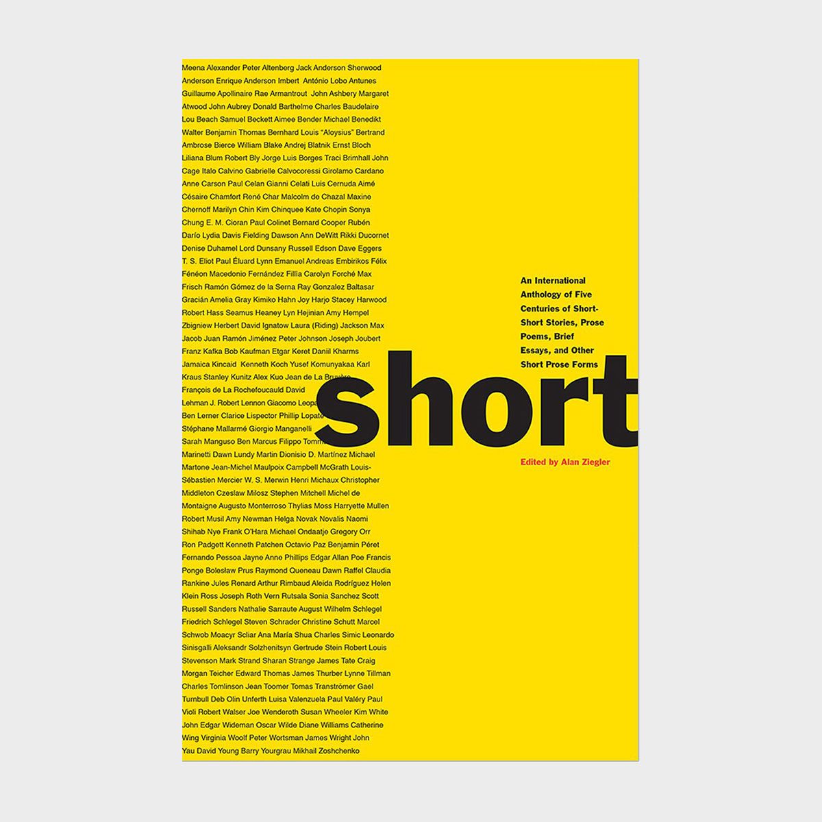 Book cover displays the word "short" in large letters, highlighting an anthology of concise literature, against a bright yellow background filled with authors' names.