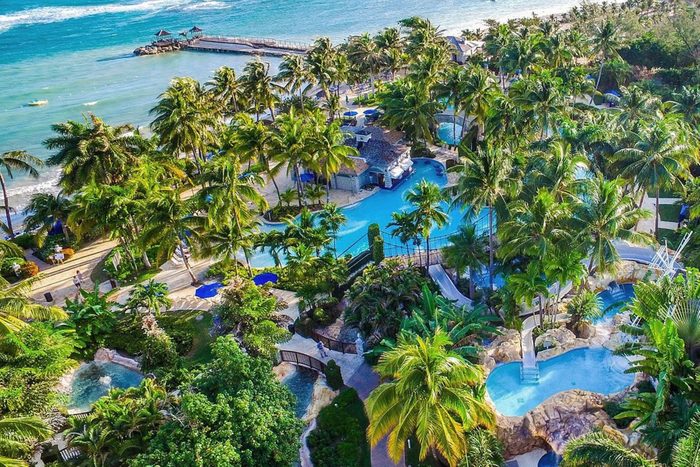 Tropical resort features a winding pool among lush palm trees, overlooking a sandy beach and clear ocean under a bright blue sky.