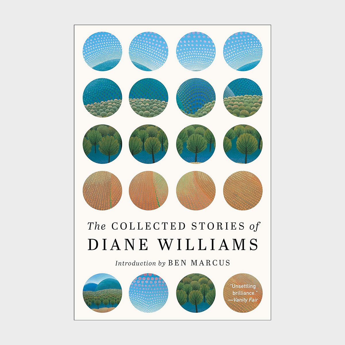 Book cover features circular landscape patterns arranged in rows; text reads: "The Collected Stories of Diane Williams, Introduction by Ben Marcus."