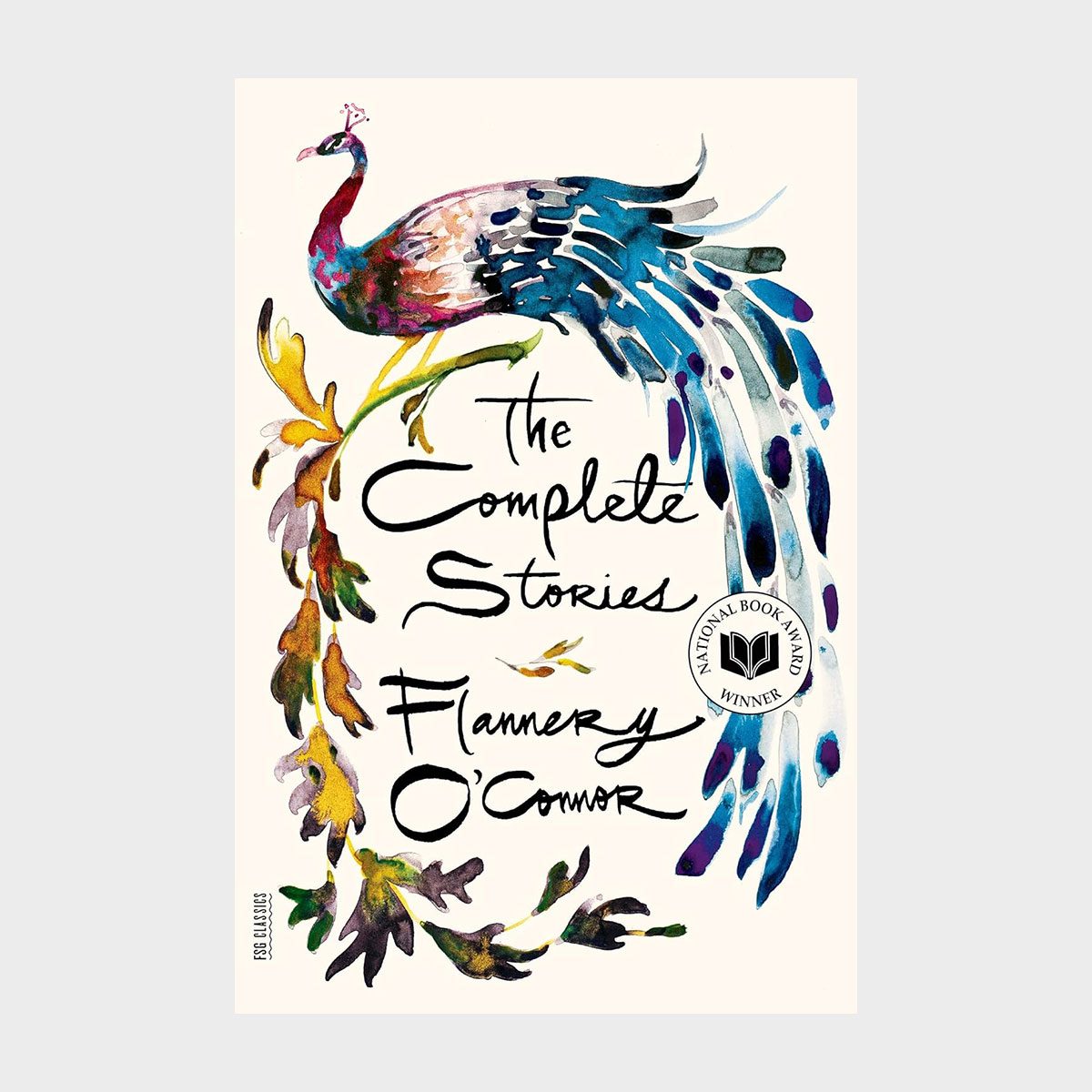 Peacock displays colorful feathers; text reads "The Complete Stories Flannery O'Connor." National Book Award winner symbol included; surrounded by artistic foliage.