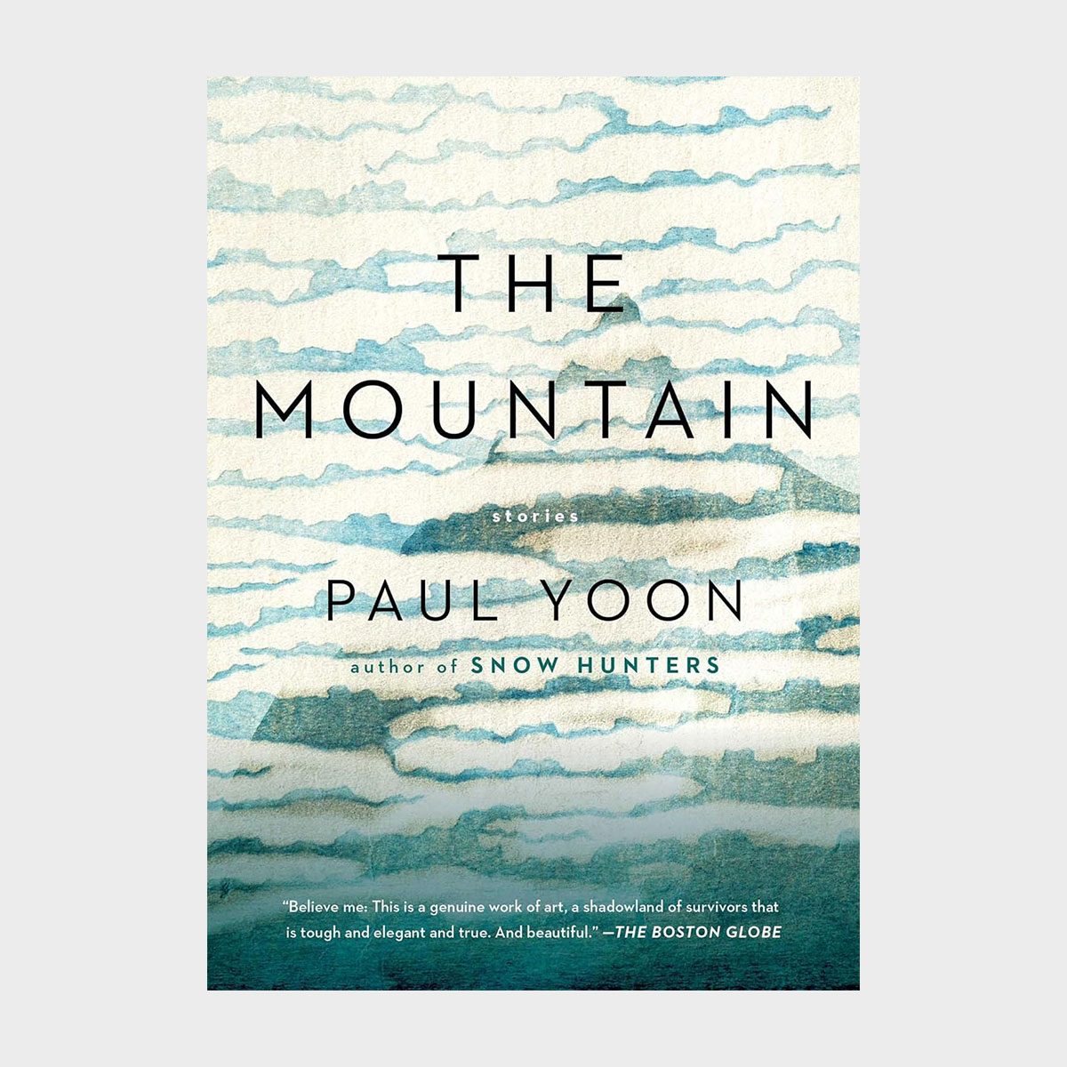 Book cover, displaying "The Mountain" by Paul Yoon in bold text. Background features abstract, watercolor-like blue and green waves. A quote from "The Boston Globe."
