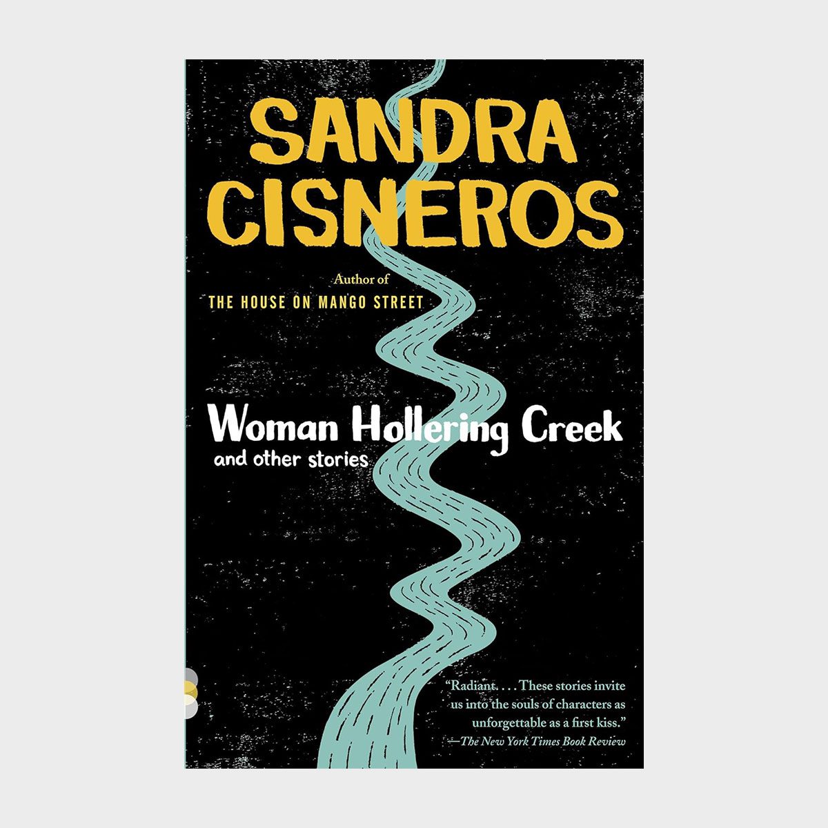 Text cover featuring a winding turquoise river against a black background, labeled "Sandra Cisneros, Woman Hollering Creek and other stories" with a textured appearance.