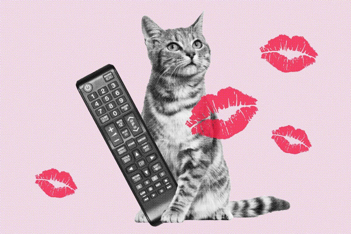 black and white cat holding a remote with kisses on top