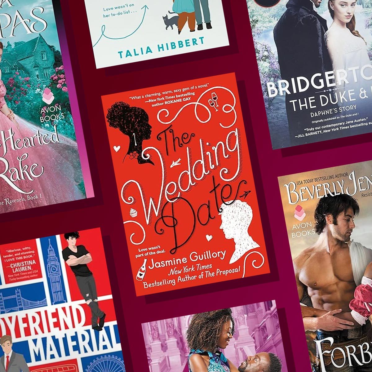 Books are arranged with colorful covers, titles, and author names in a collage format against a dark red backdrop, featuring various romance novels.