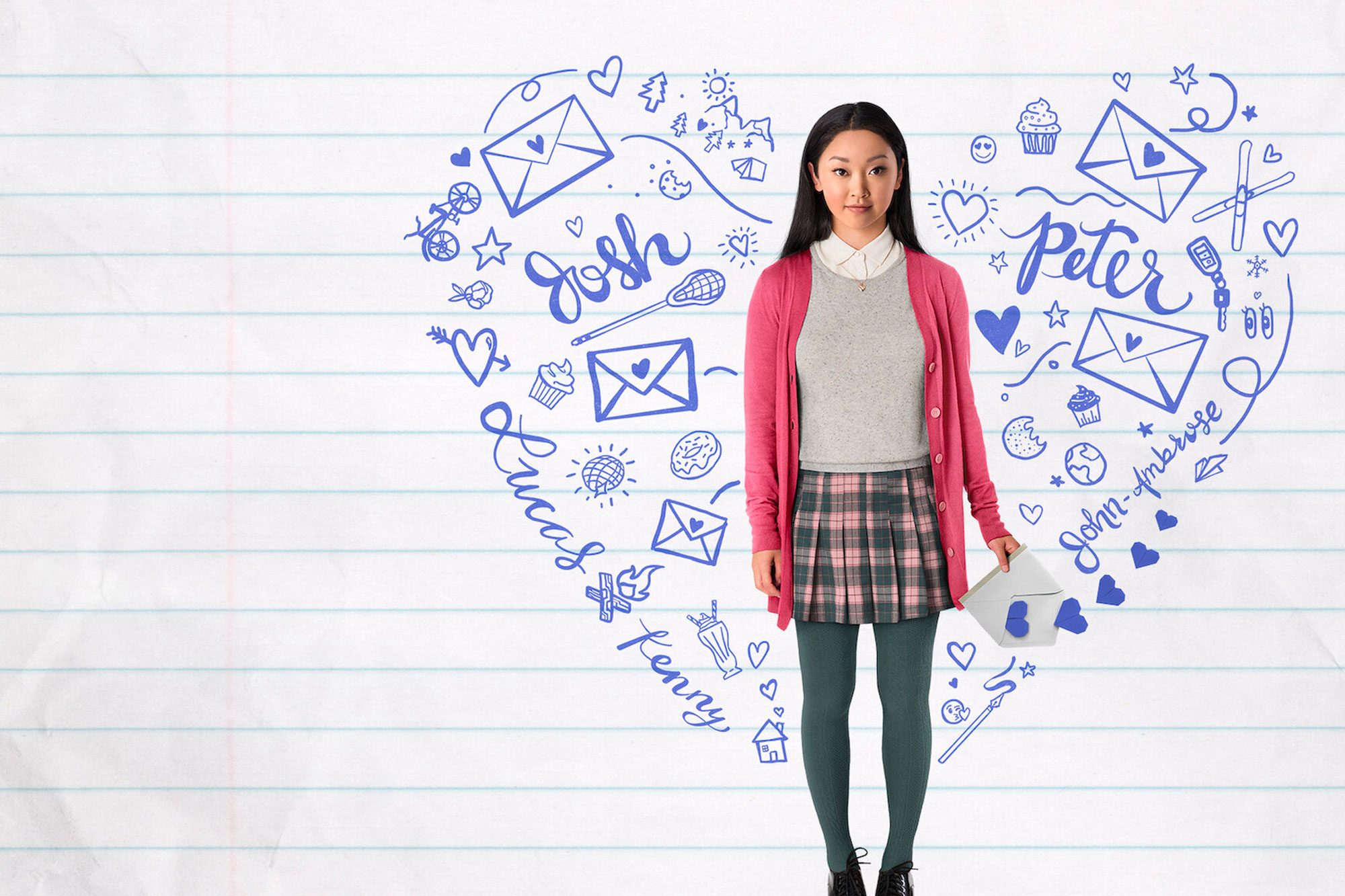 A girl stands holding envelopes, surrounded by heart-shaped blue doodles and names, on lined paper.