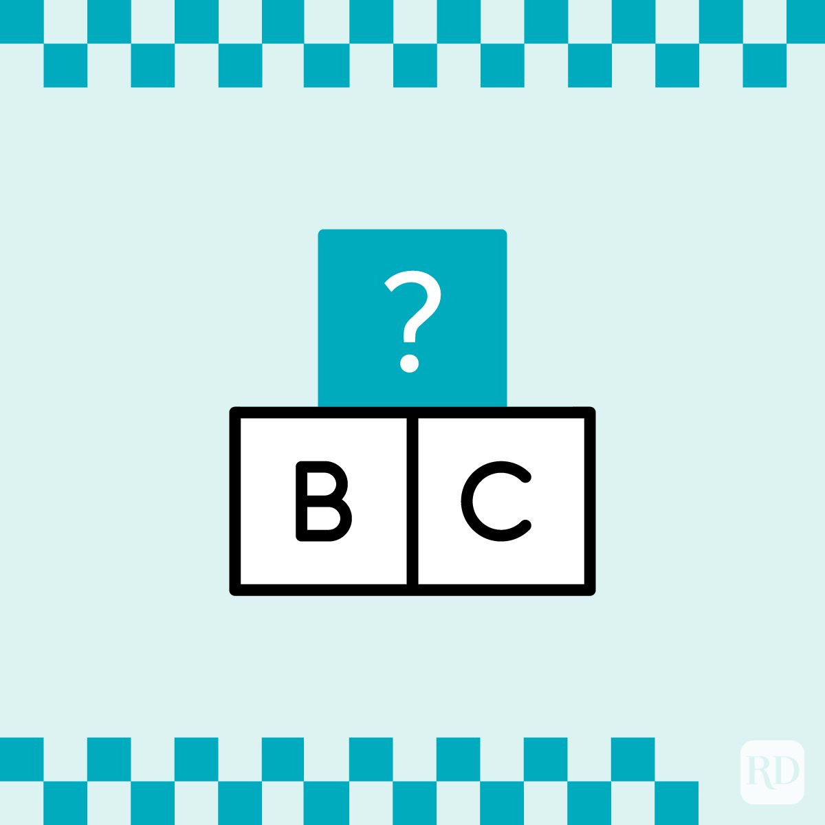 Block displays "B C", with a question mark above; set on a teal checkerboard border background.