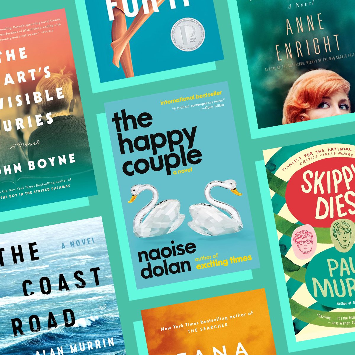 Book covers displayed in a collage; titles include "The Happy Couple" by Naoise Dolan and "The Heart's Invisible Furies" by John Boyne.
