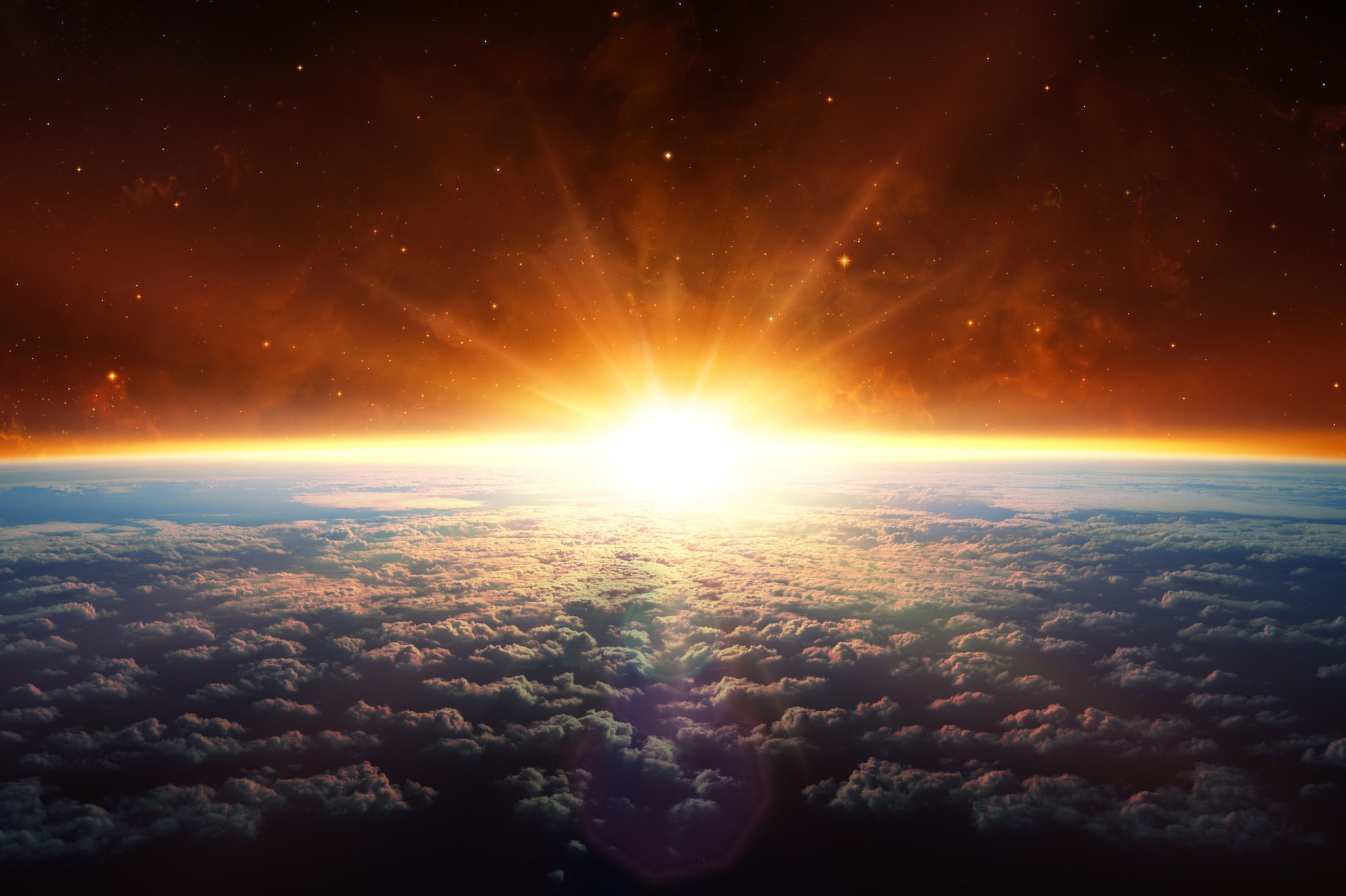Sun glows brightly as it rises above cloud-covered Earth, surrounded by a vast, starry, orange-hued sky.