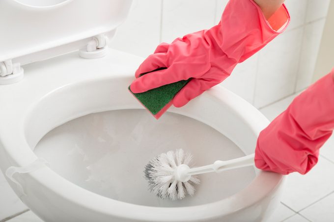 Close up of female hands wearing protective gloves, scrubbing toilet with sponge and brush