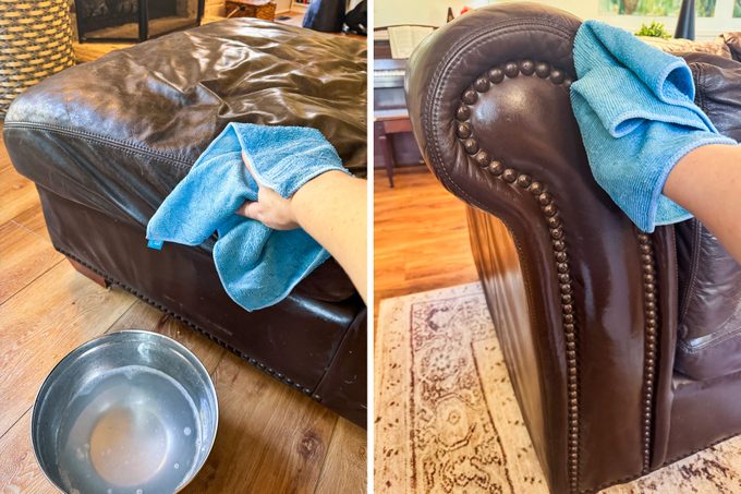 A Person Cleaning A Leather Couch Sofa with Blue Cloth and Soapy Water