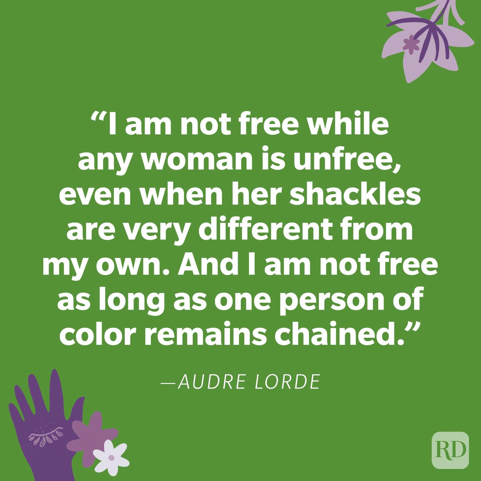 Quote by Audre Lorde is displayed in white text on a green background, adorned with purple flowers and decorative elements.
