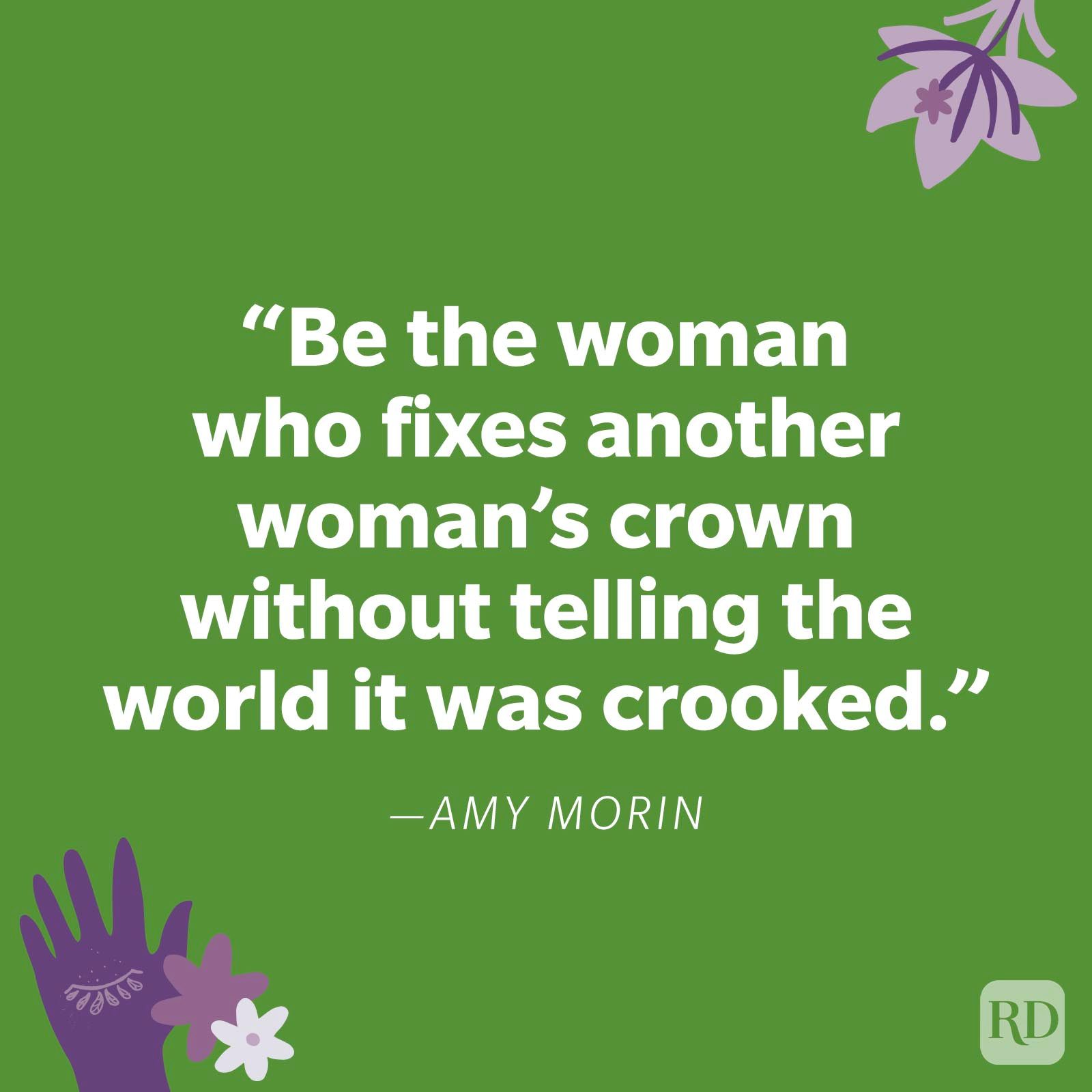 Text displays a quote about discreet support between women, over a green background with floral and hand illustrations.