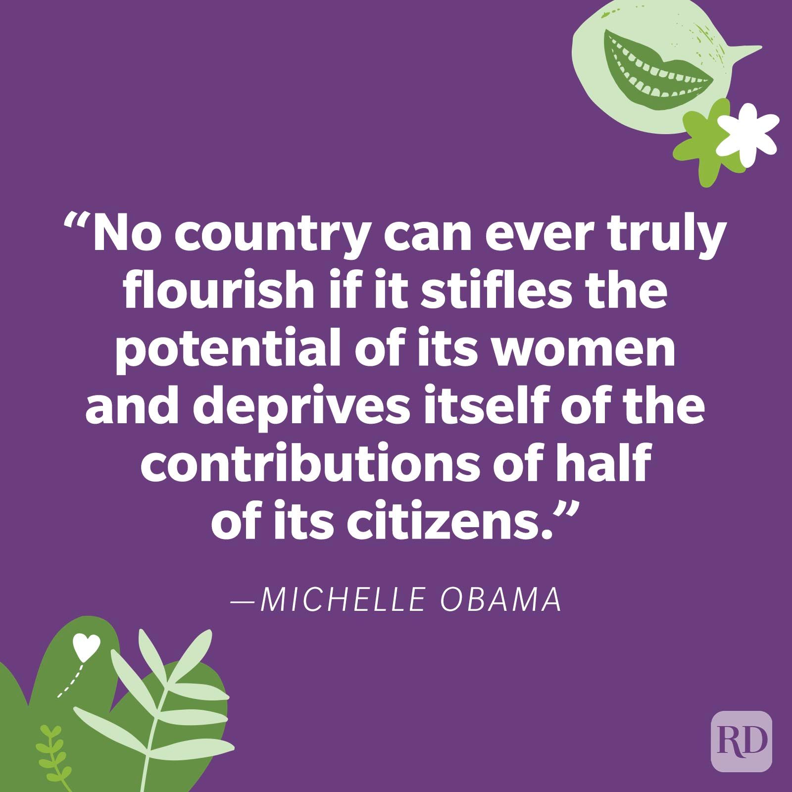 Quote text in bold on purple background; Michelle Obama emphasizes women's potential, surrounded by decorative green and white floral designs.