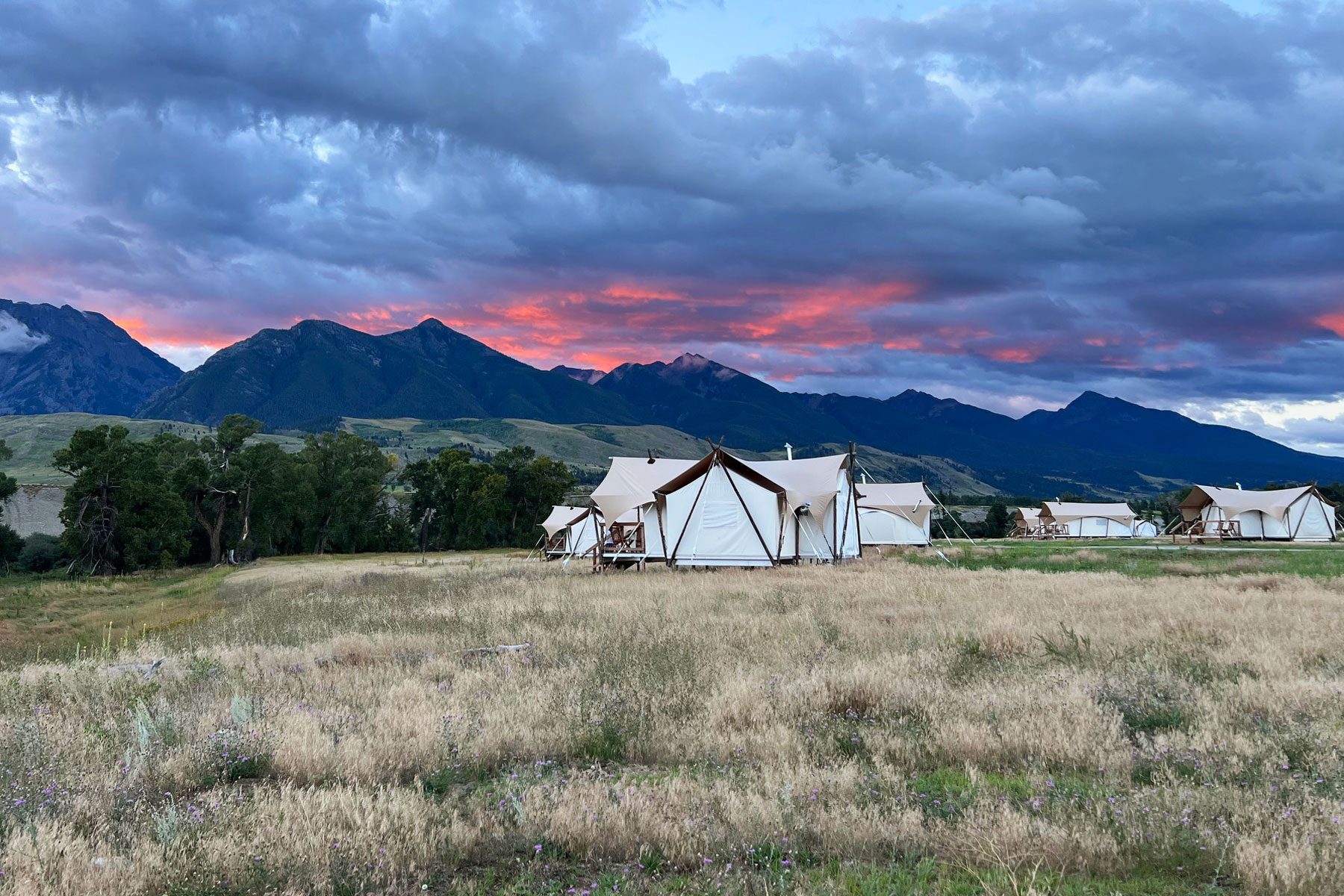 Tents are step up during a beautiful view of sunstet