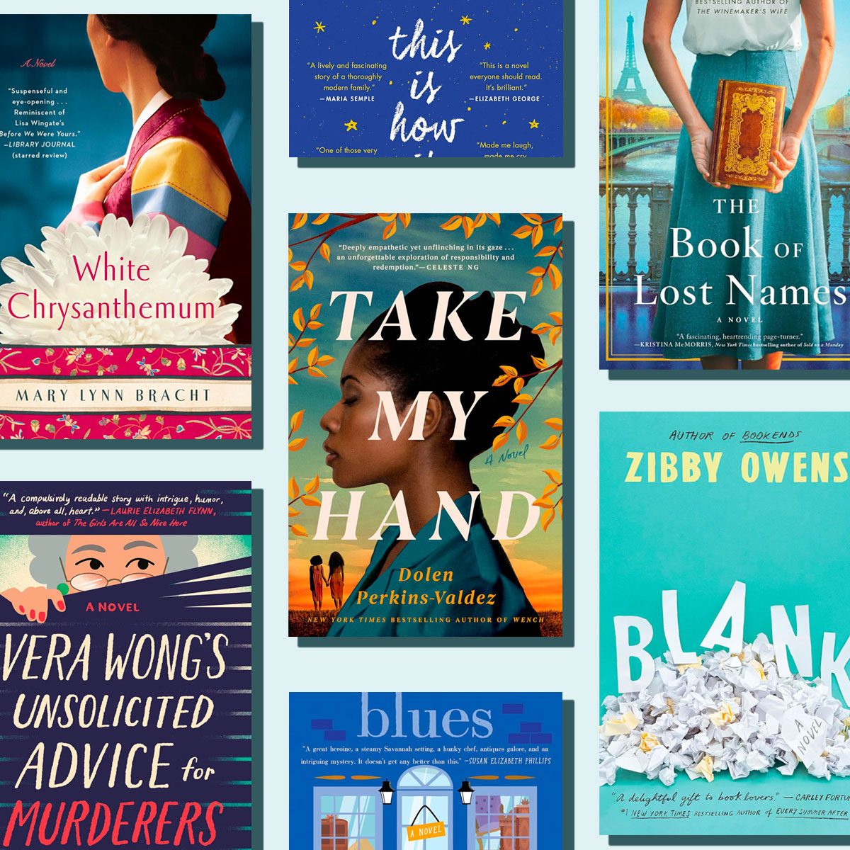 Six book covers displayed; vibrant designs, varying themes. Titles include "White Chrysanthemum," "Take My Hand," "The Book of Lost Names," and others. Various backdrops.