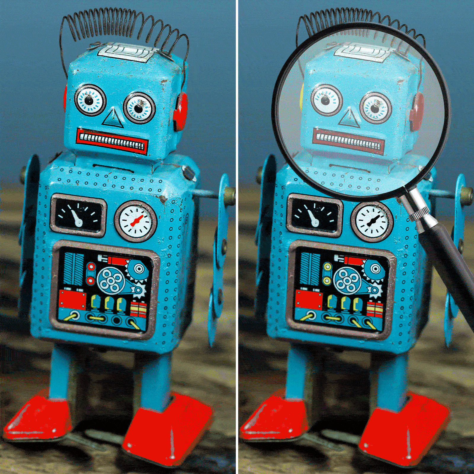 Robot stands, holding a magnifying glass, in a toy-like setting; intricate gears and gauges adorn its chest and face.