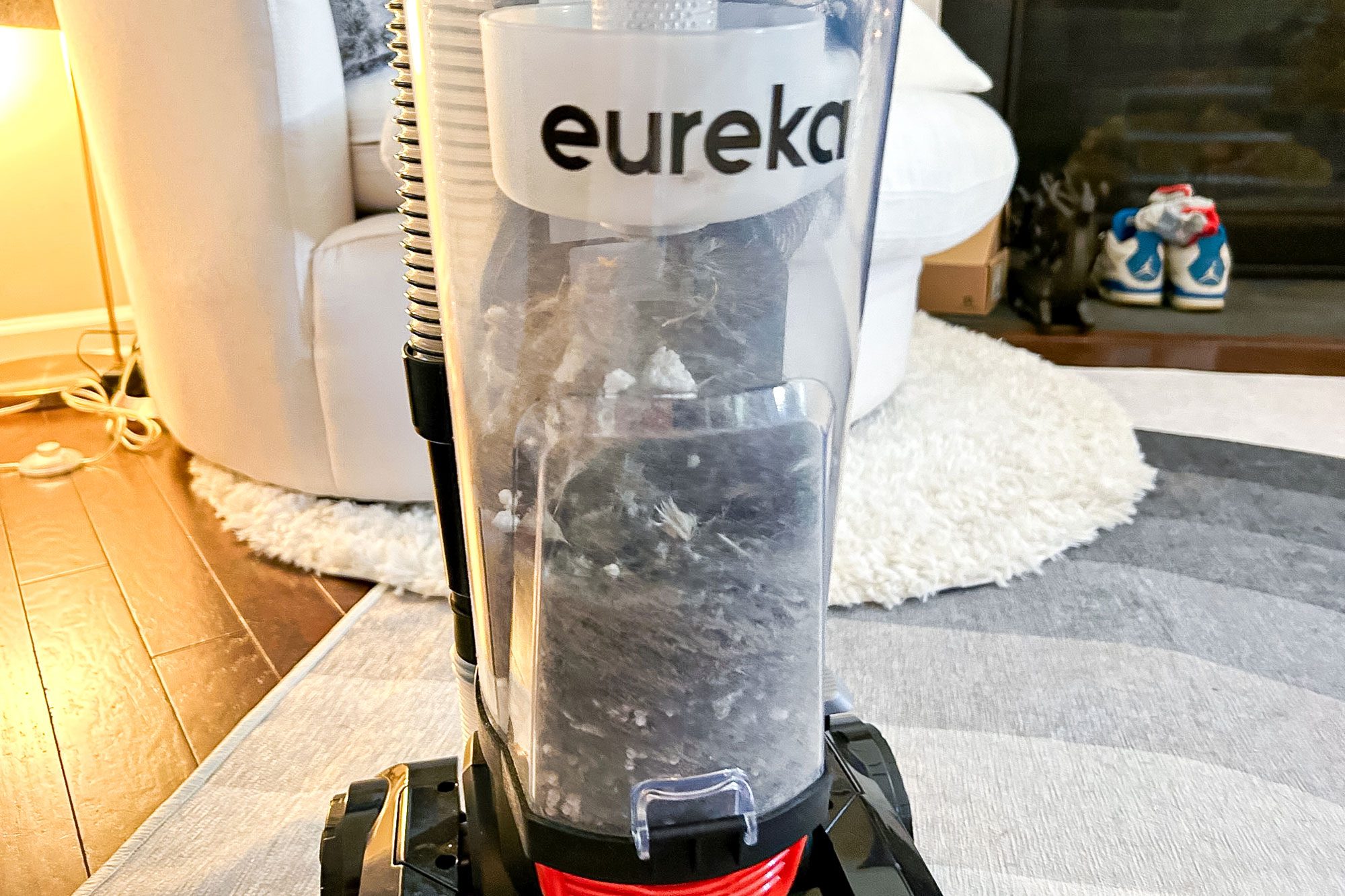 Vacuum cleaner filled with dust stands upright on a patterned rug, with a white chair and wooden floor in the background. (Text: "eureka")