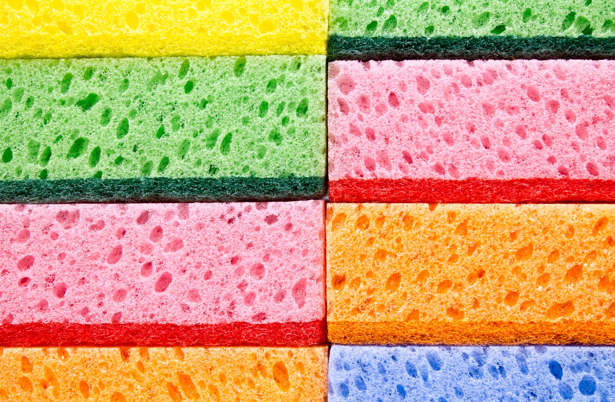 Colorful sponges arranged in a grid pattern, showcasing vibrant yellow, green, pink, orange, and blue hues with contrasting scrub layers, creating a bright visual display.