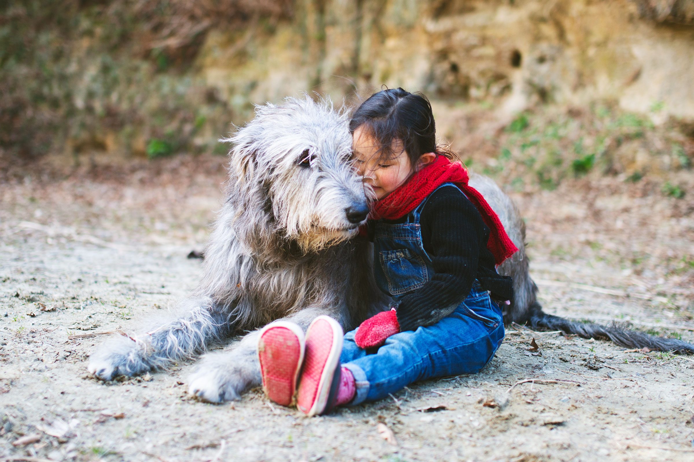 Child snuggles large, shaggy dog on a dirt path, wearing red scarf and pink shoes; background features earthy tones and muted greenery.