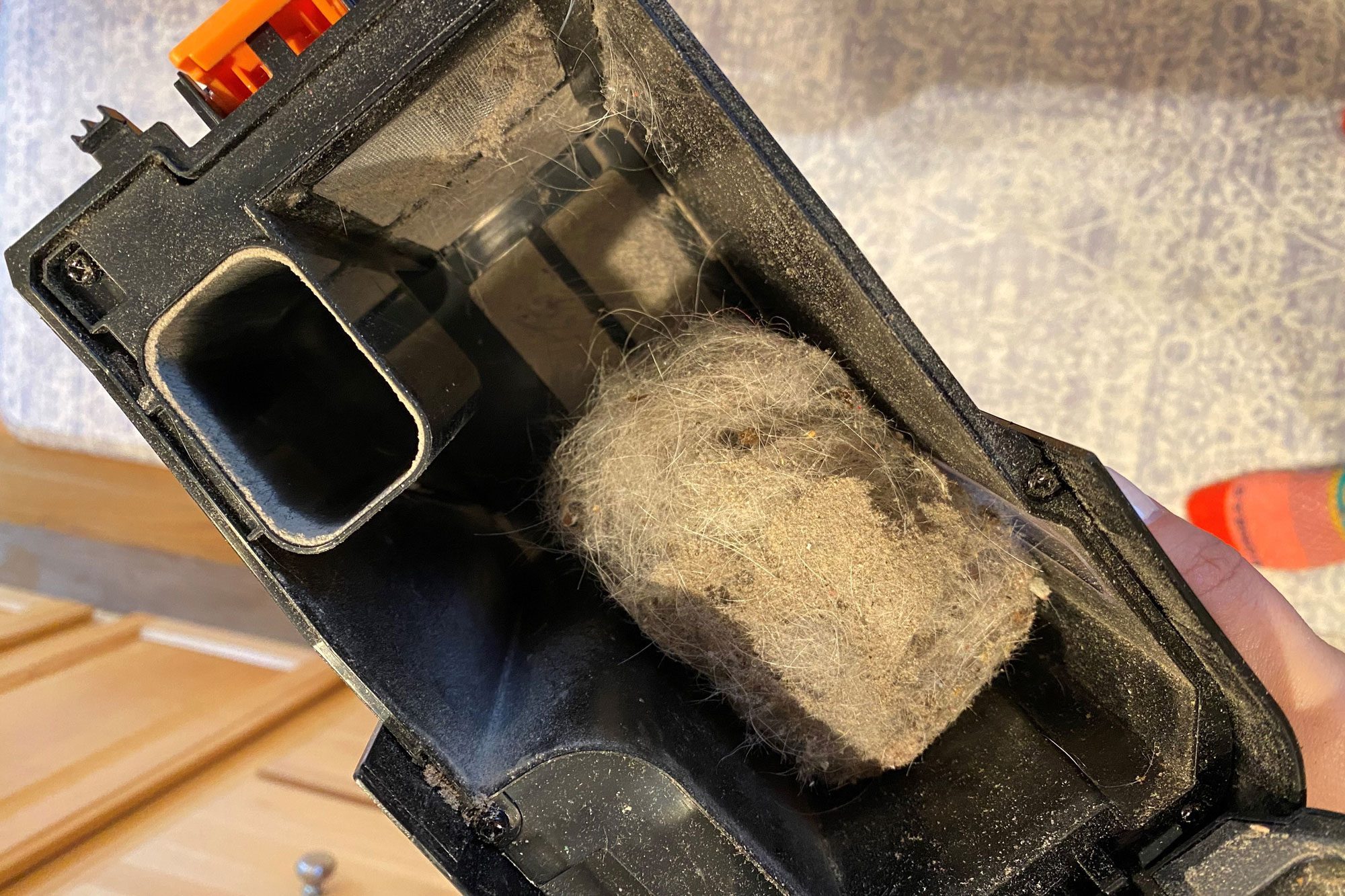 Dust-filled vacuum filter being held, with hardwood floor and rug visible in the background.
