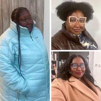 Three women wear winter coats in different colors, posing indoors. Each has unique eyewear and hairstyle, and they display calm expressions.