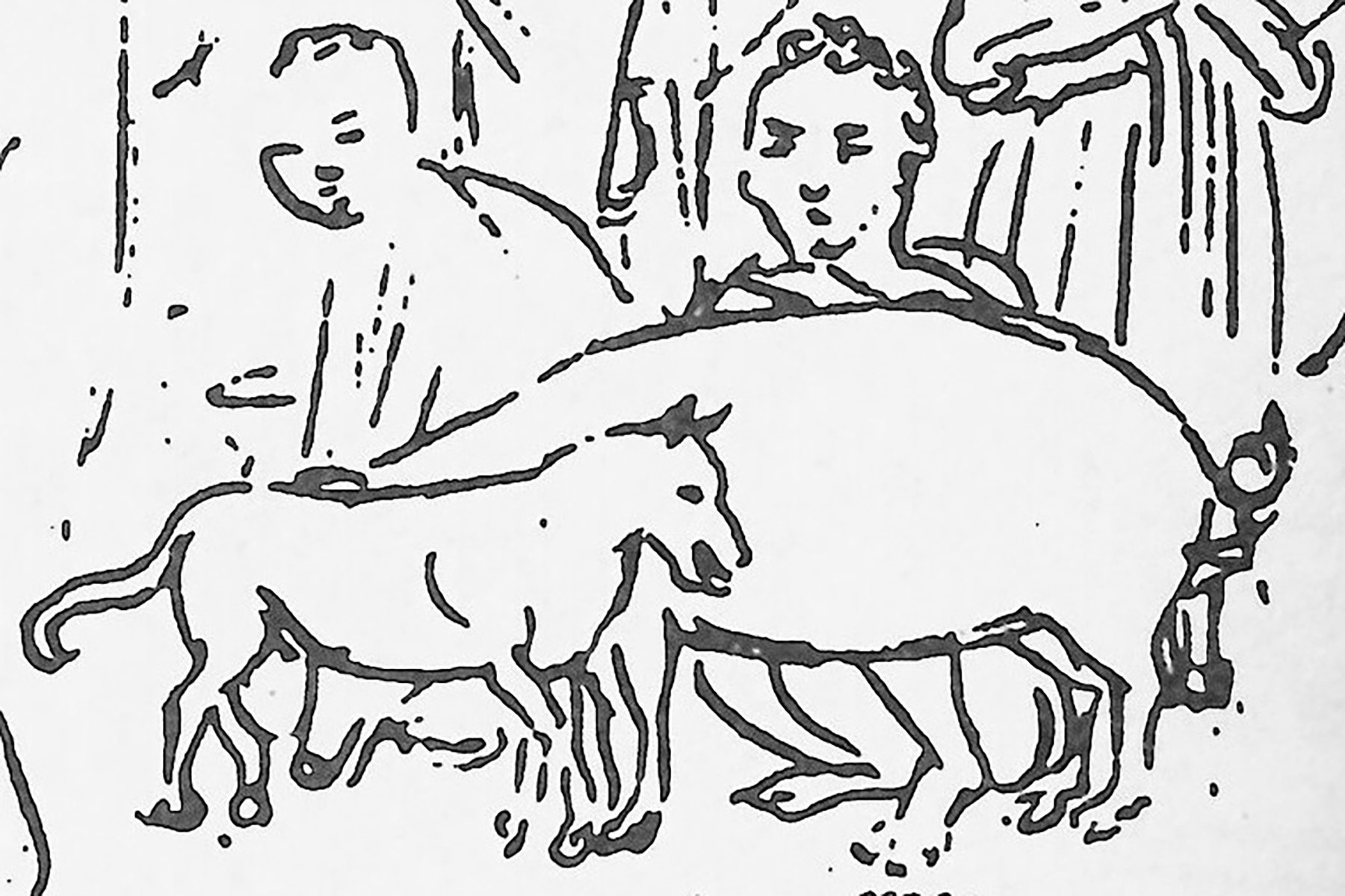 Drawing of a dog standing beside a pig, with human figures in the background, conveying a scene of interaction.