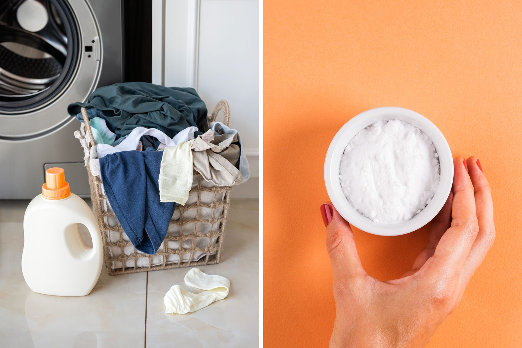 Basket With Laundry And Washing Machine On The Left And A Hand Holding Small Bowl Of Baking Soda On Orange Background On The Right