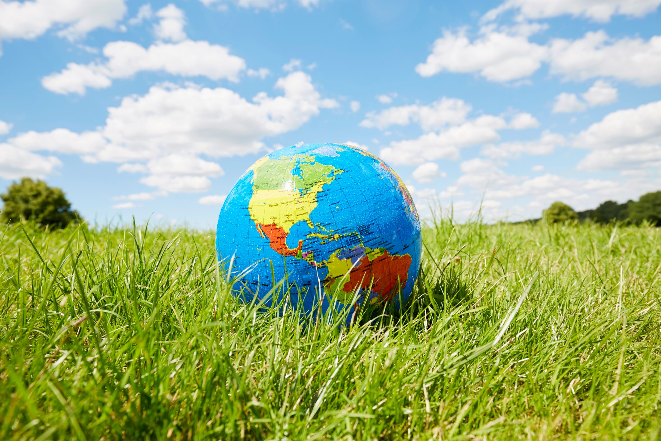 A colorful globe sits on green grass under a bright blue sky with scattered clouds.