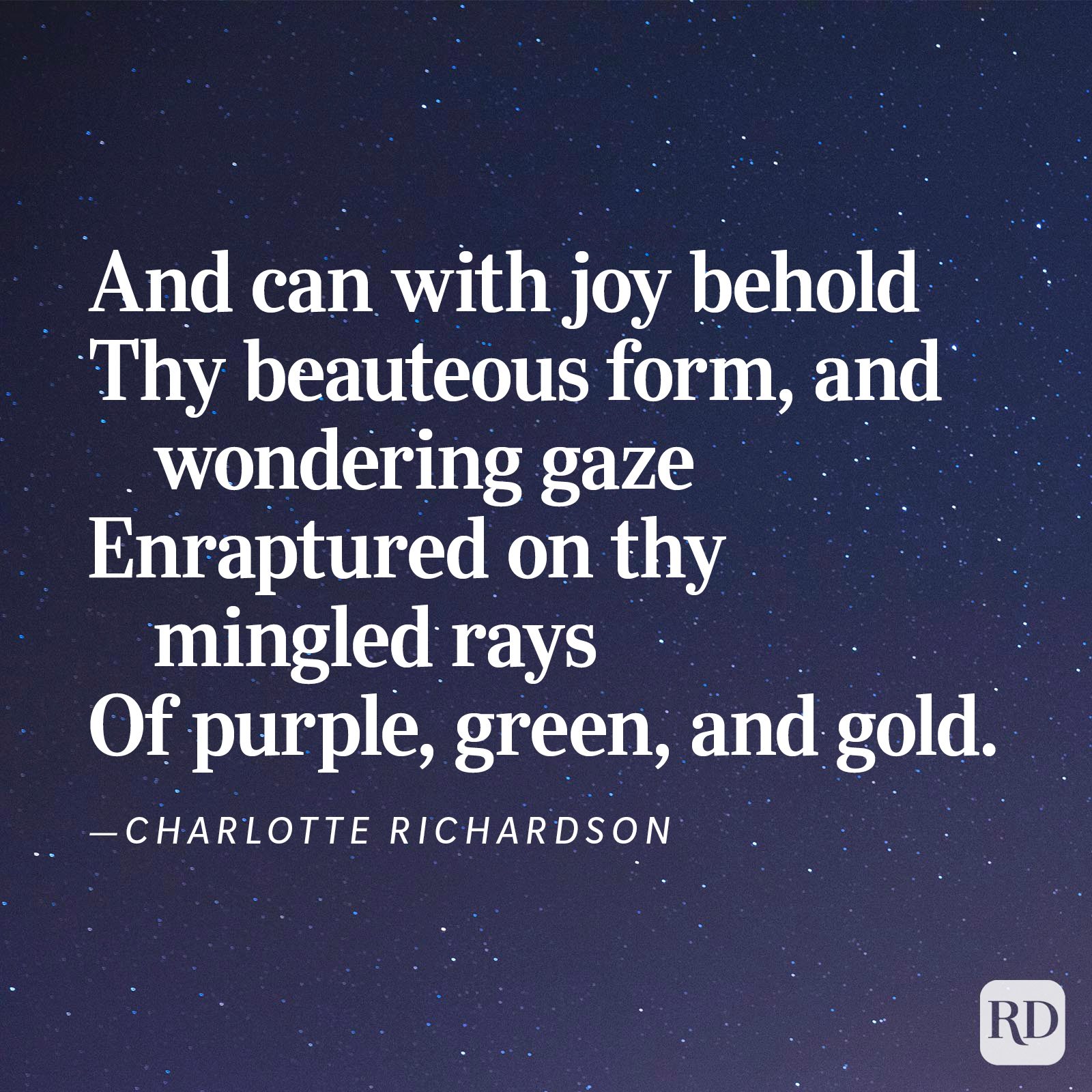 Text displays a poetic verse by Charlotte Richardson; starry night background with scattered small white dots.