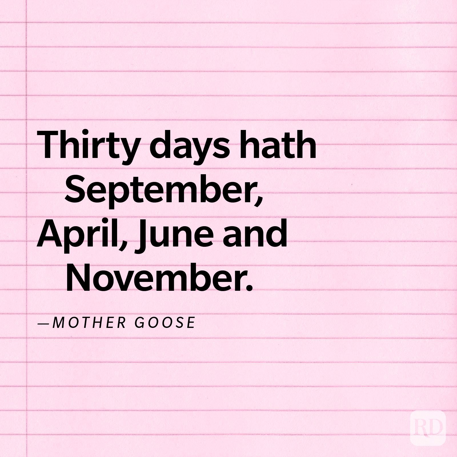 Text displays a rhyme about months with thirty days, printed on a pink, lined notebook paper. Authored by "Mother Goose."