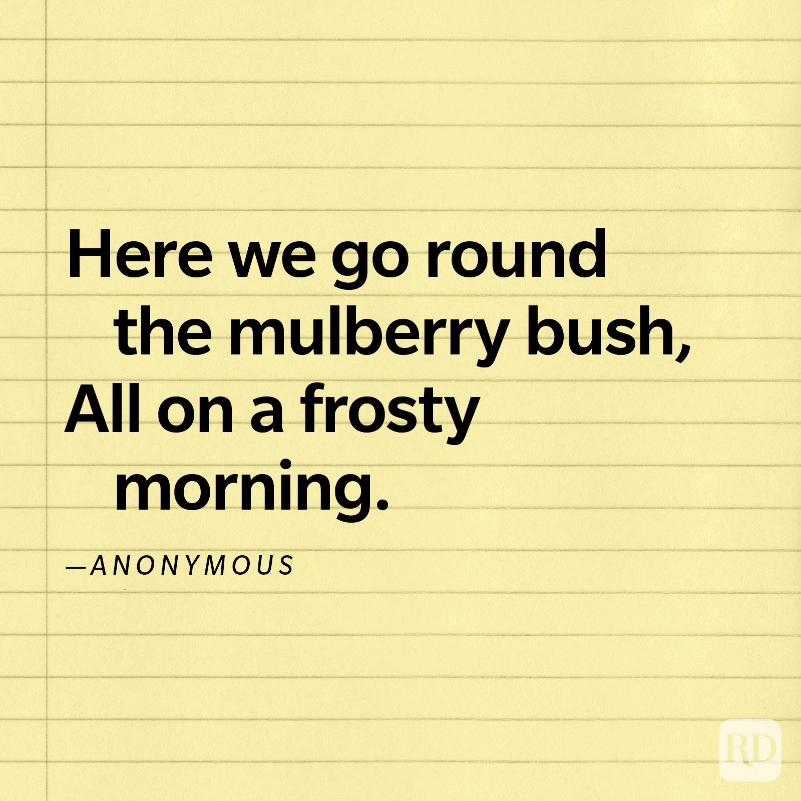 Text displays a rhyme about circling a mulberry bush on a frosty morning, set against a lined yellow background.
