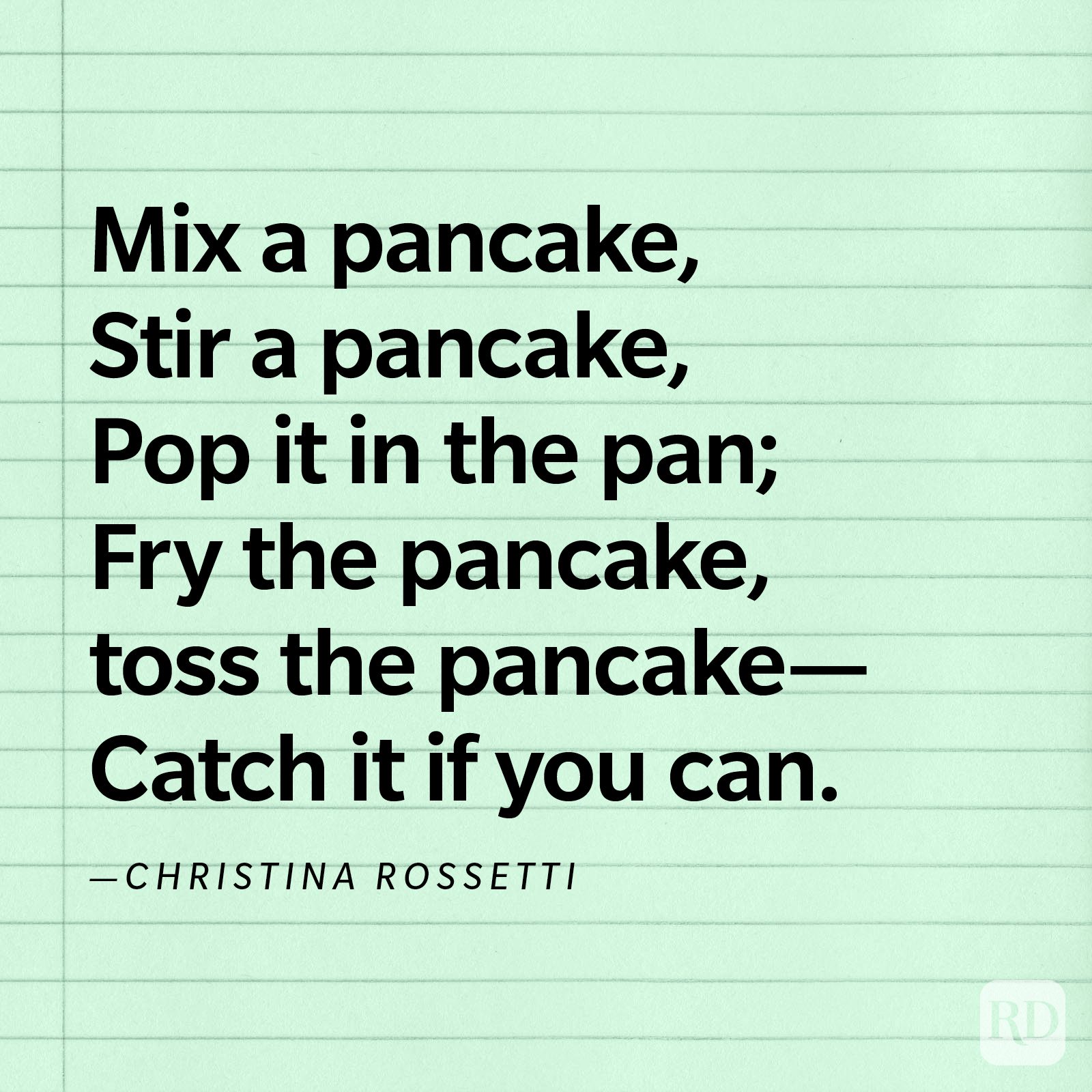 Text on lined paper describes pancake cooking steps, ending with "Catch it if you can." By Christina Rossetti.
