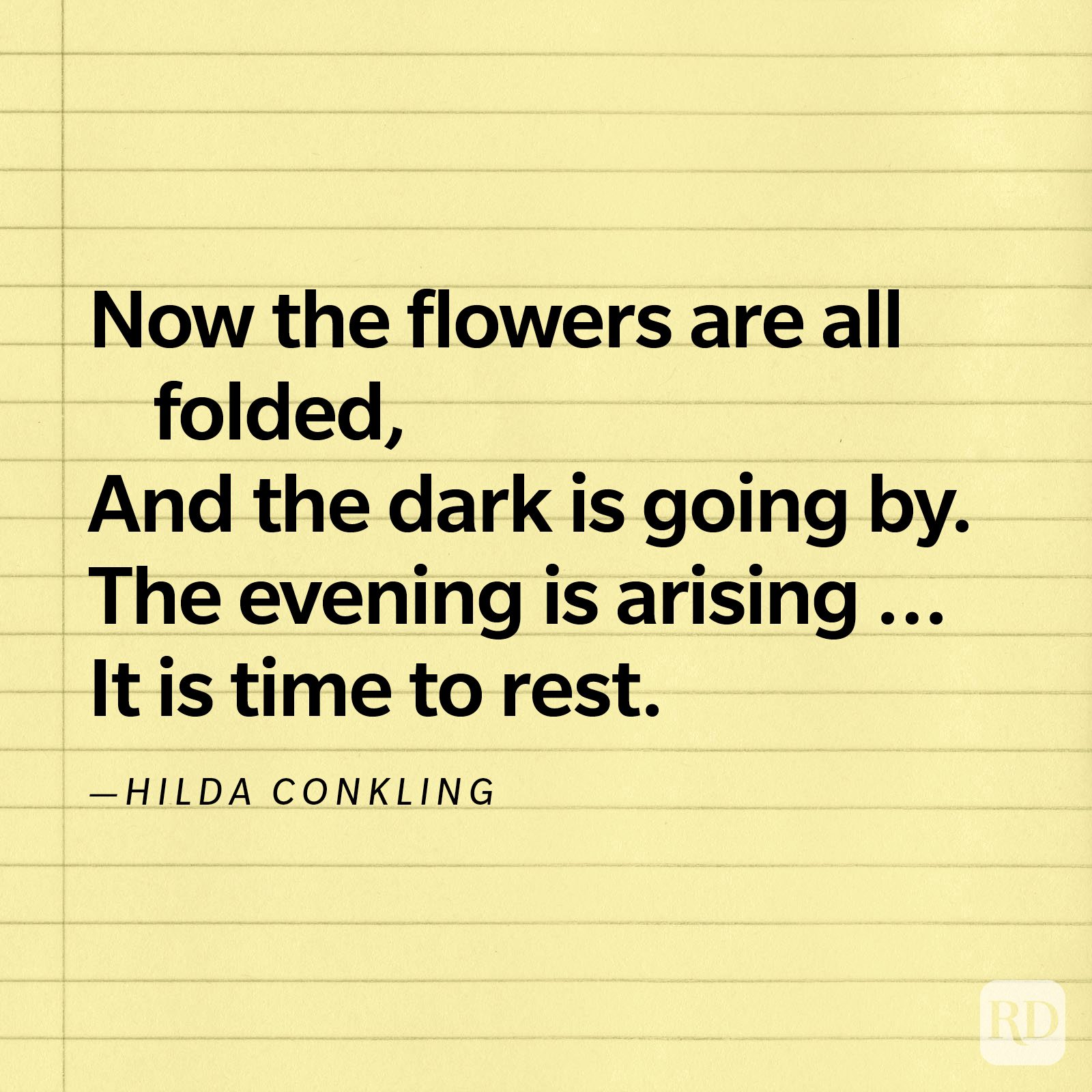 Text rests on yellow lined paper, quoting: "Now the flowers are all folded... It is time to rest." &acirc;&euro;&rdquo;Hilda Conkling.