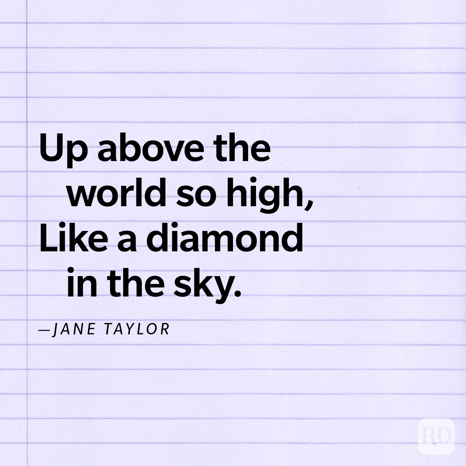Text displays a quote by Jane Taylor against lined paper: "Up above the world so high, Like a diamond in the sky."