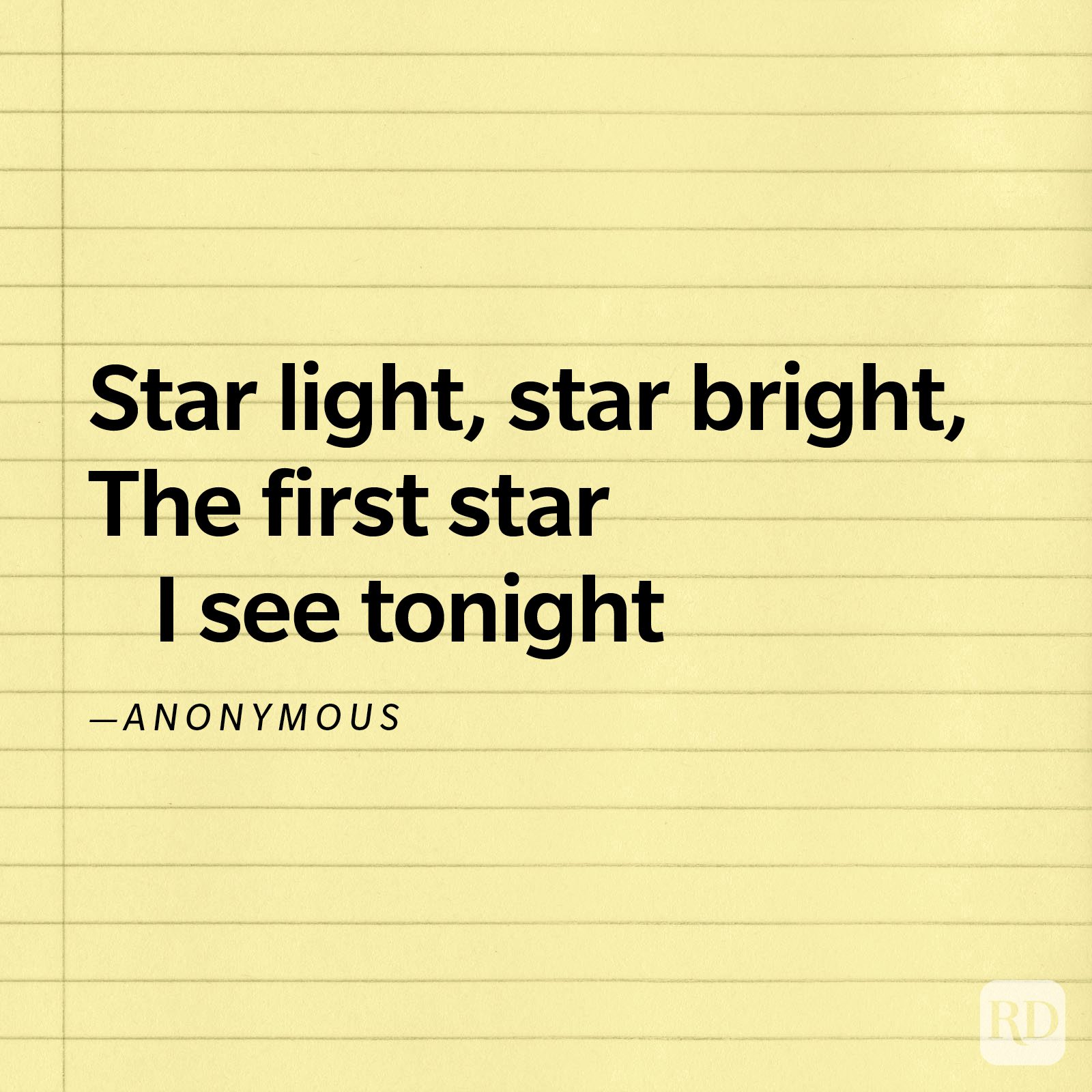 Text appears on lined yellow paper, displaying a poem about stars by an anonymous author.