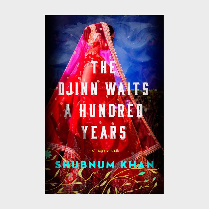 A woman stands in a vibrant red sari, veiled, with a swirling blue background. Text reads: 