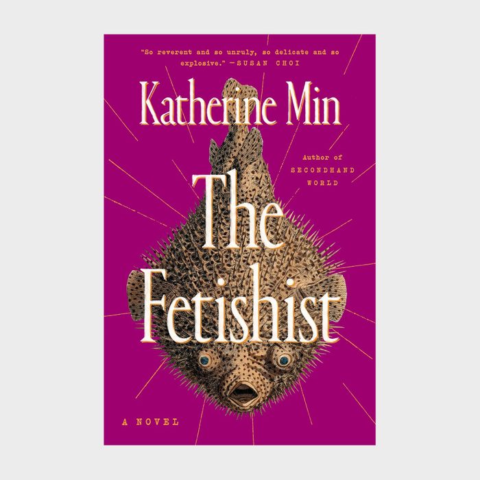 Pufferfish centered, spines protruding; set against a bright magenta background with bold text: 