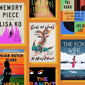 A collage of seven colorful book covers featuring various designs and titles, set against an orange background.