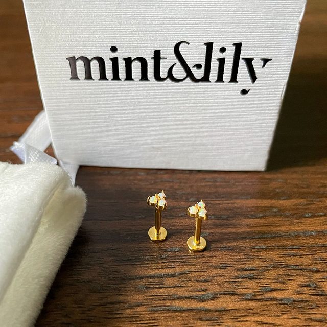 Earrings sit upright on a wooden surface before a white box labeled 