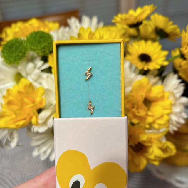 Earrings displayed in a box with a turquoise background, surrounded by vibrant yellow and white flowers.