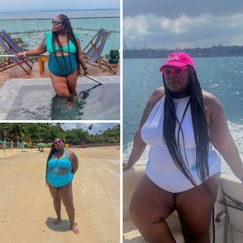 Person stands on a rooftop pool deck overlooking water, poses on a sunny beach, and sits on a boat with a bright pink cap.
