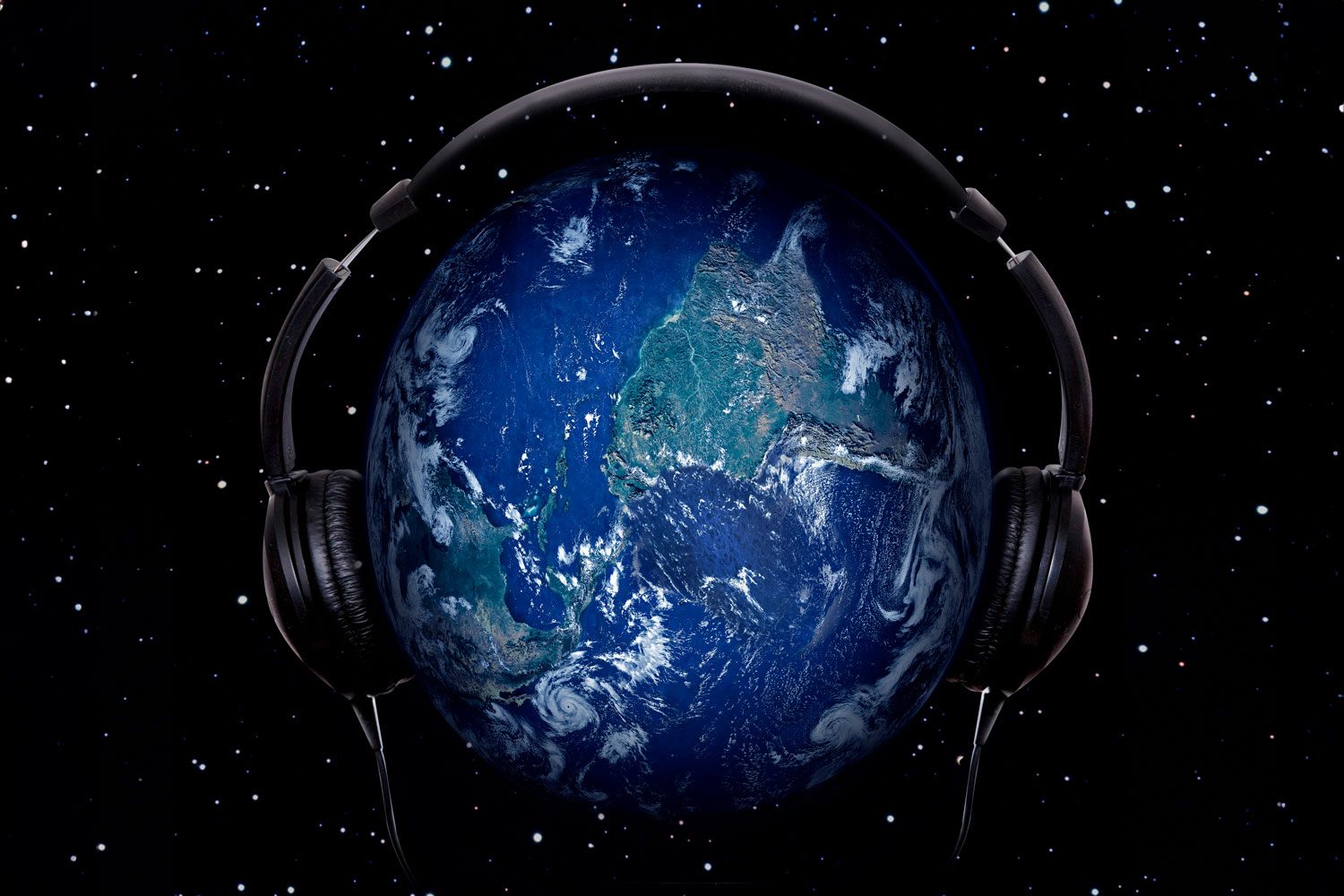 Earth wears large headphones, floating serenely in space with scattered stars as the background.